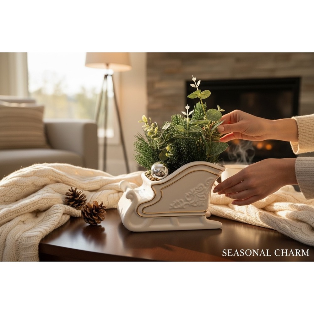 White Ceramic Sleigh Planter Christmas Decor‎ Gold Trim Frosted Greenery Fill